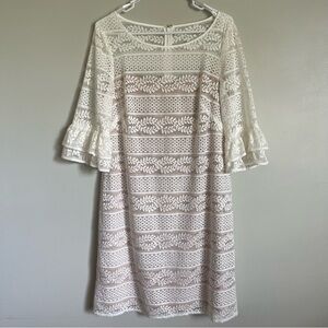 Jessica Howard Women's White Lace Overlay Lined Ruffle Sleeve Sheath Dress Sz 14